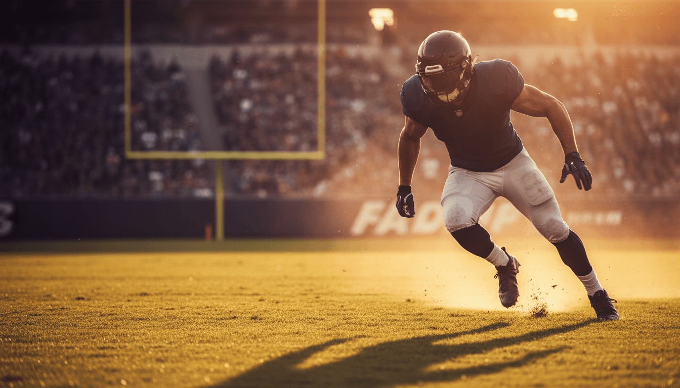 Football player sprinting at full speed across a grass pitch in bright sunlight