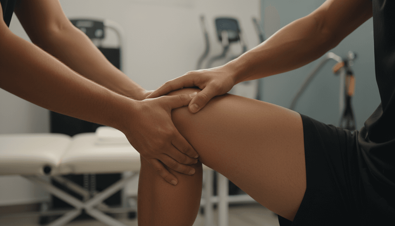 Close-up of physiotherapist assessing athlete's leg mobility