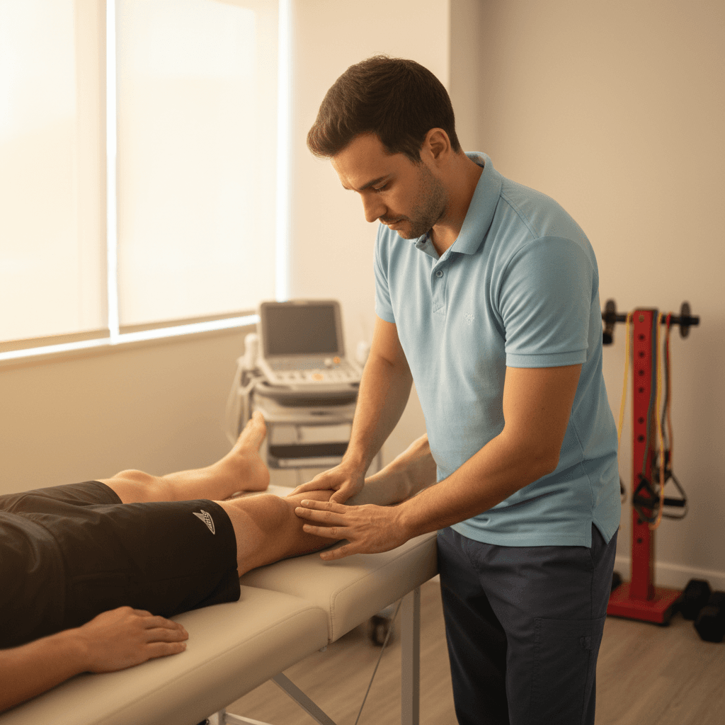 Hands-on manual therapy being applied to player's leg