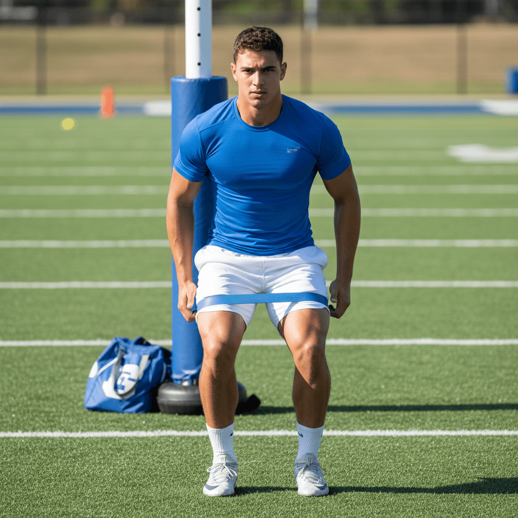Football player performing eccentric strength training with resistance band