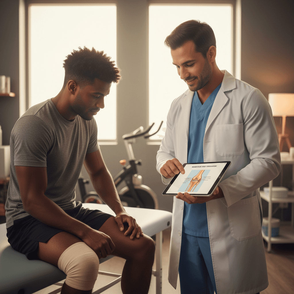 Therapist discussing injury assessment and treatment plan with player