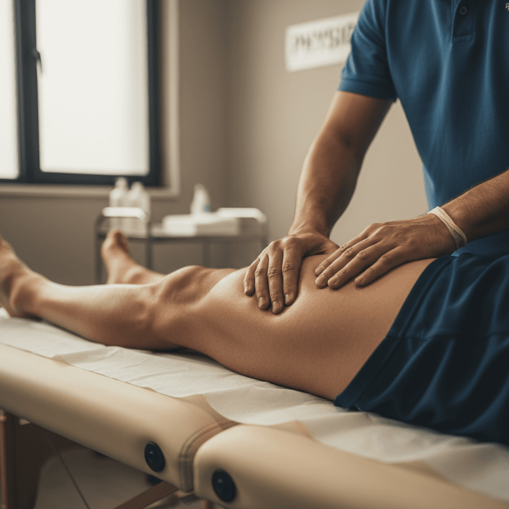Physiotherapist performing soft tissue mobilization on athlete's leg