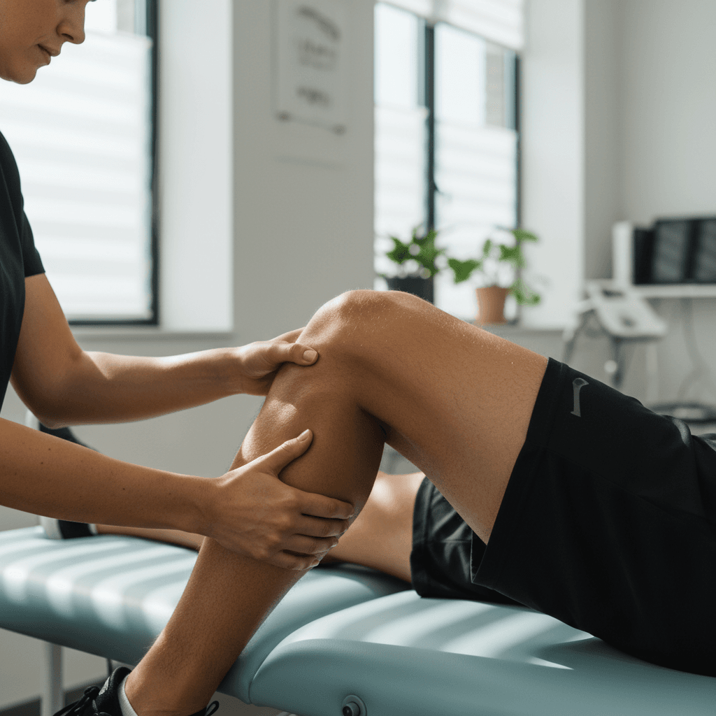 Physiotherapist conducting injury assessment on football player