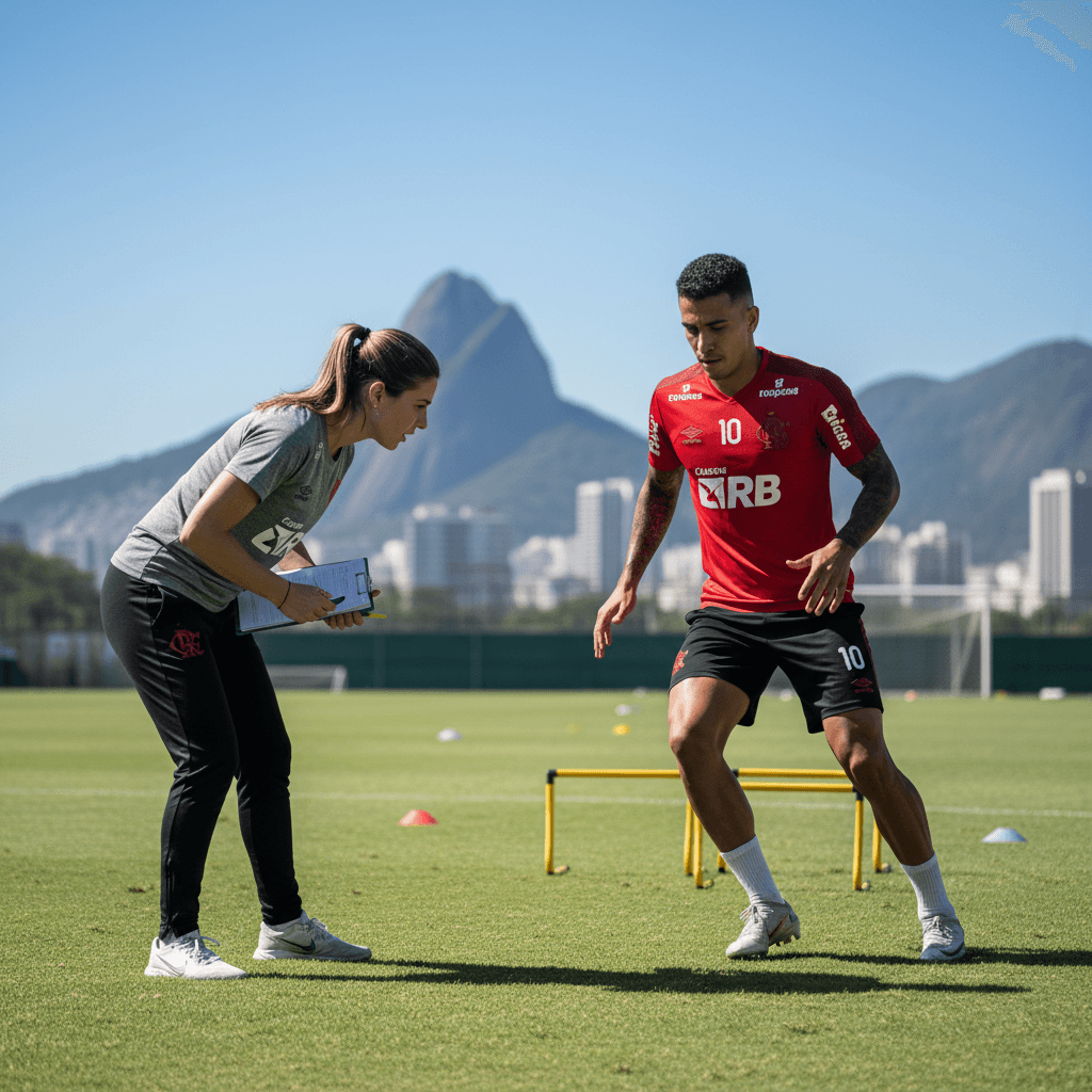Physiotherapist conducting movement assessment with football player
