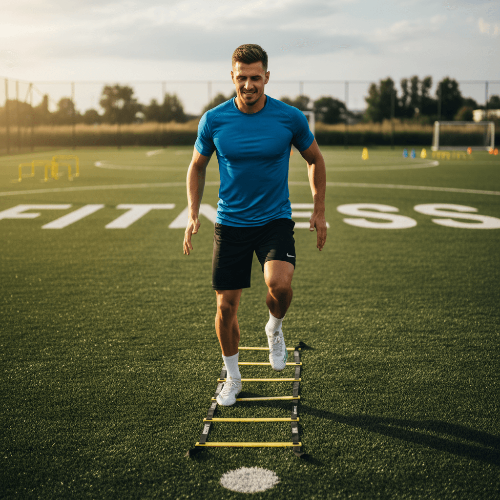 Football player performing agility ladder footwork training