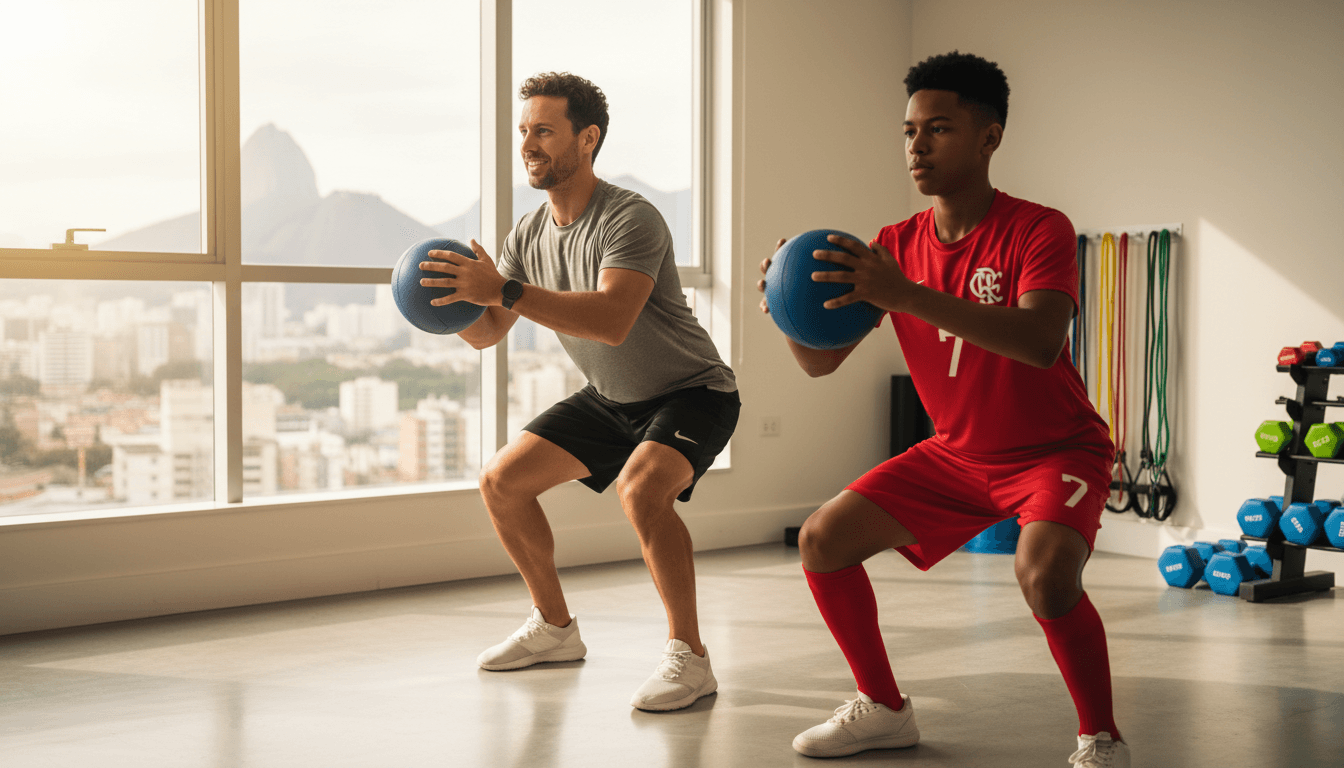 Physiotherapist demonstrating conditioning exercise with football player