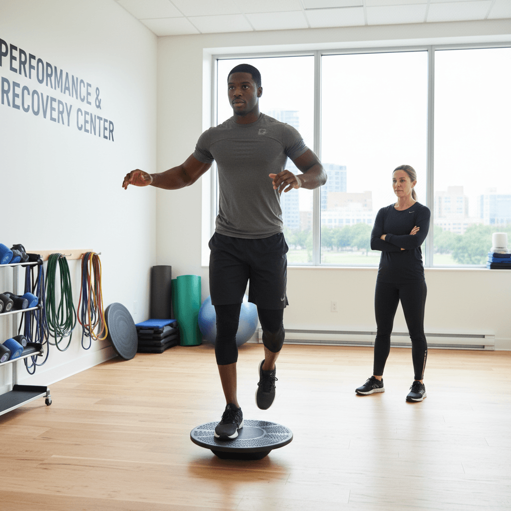 Player performing proprioceptive balance training with supervision