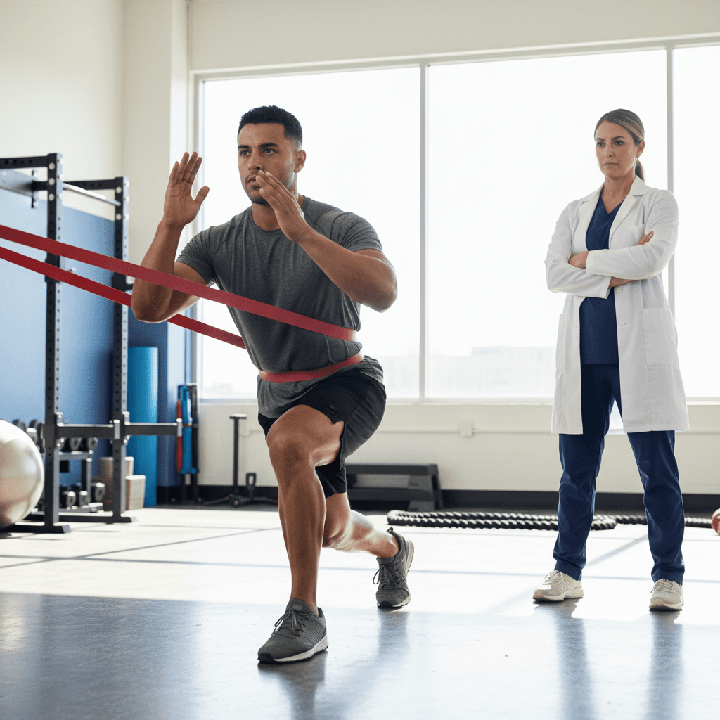 Player performing resisted strengthening exercise with band
