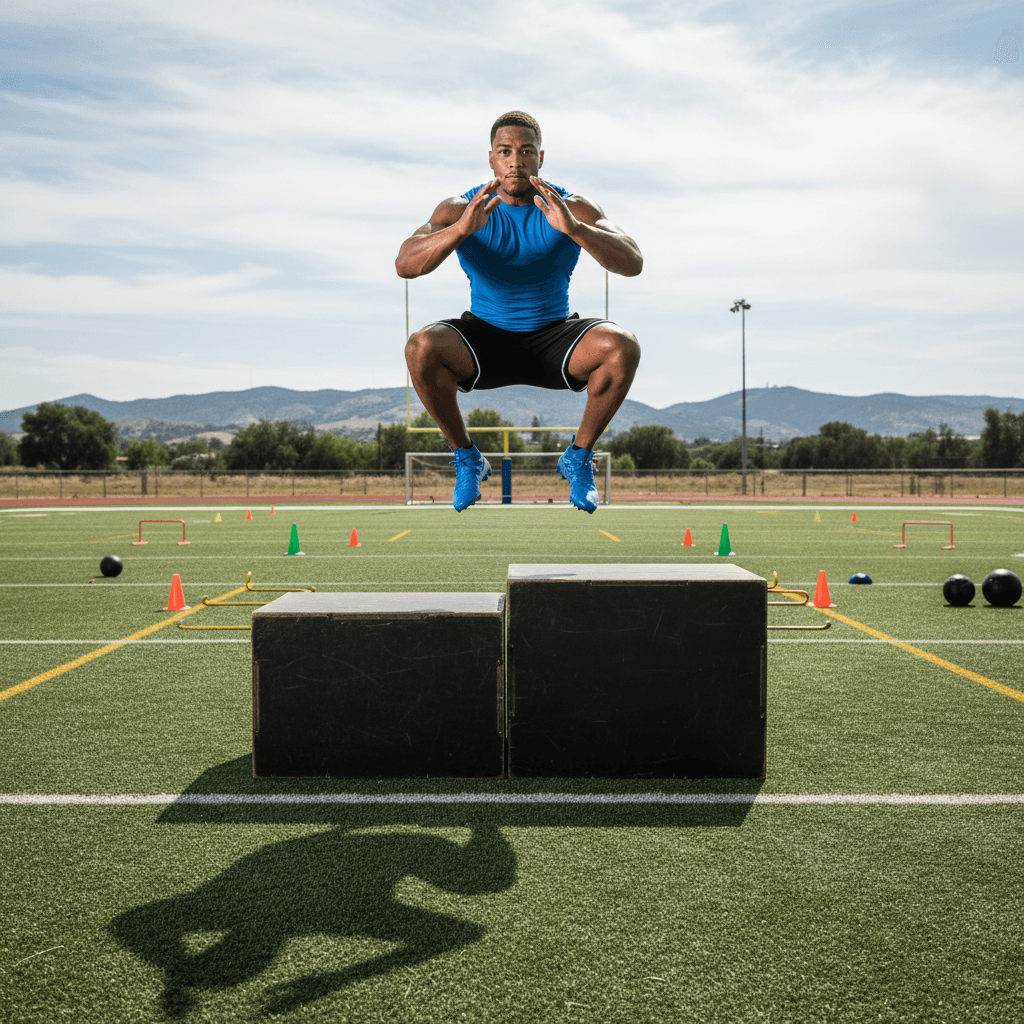 Football player performing explosive plyometric box jump training