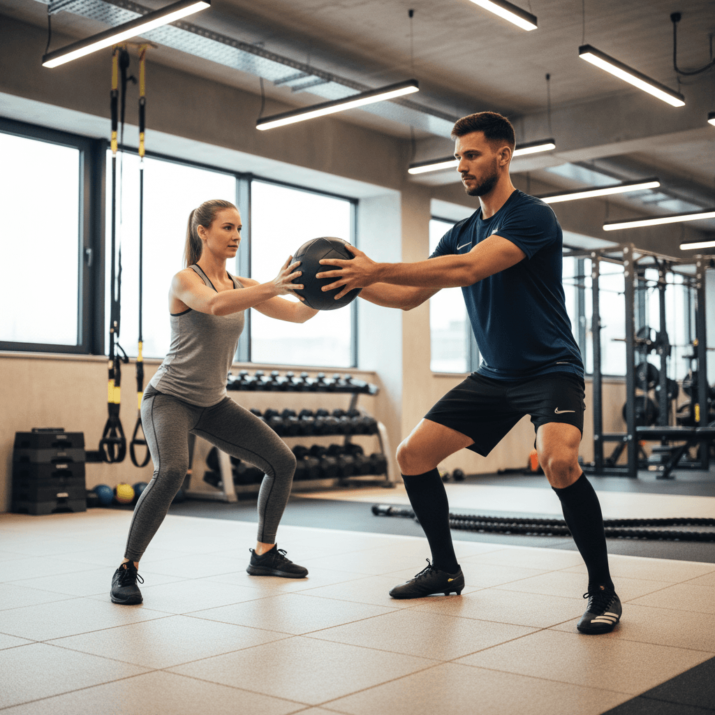 Personalized training demonstration with physiotherapist and athlete