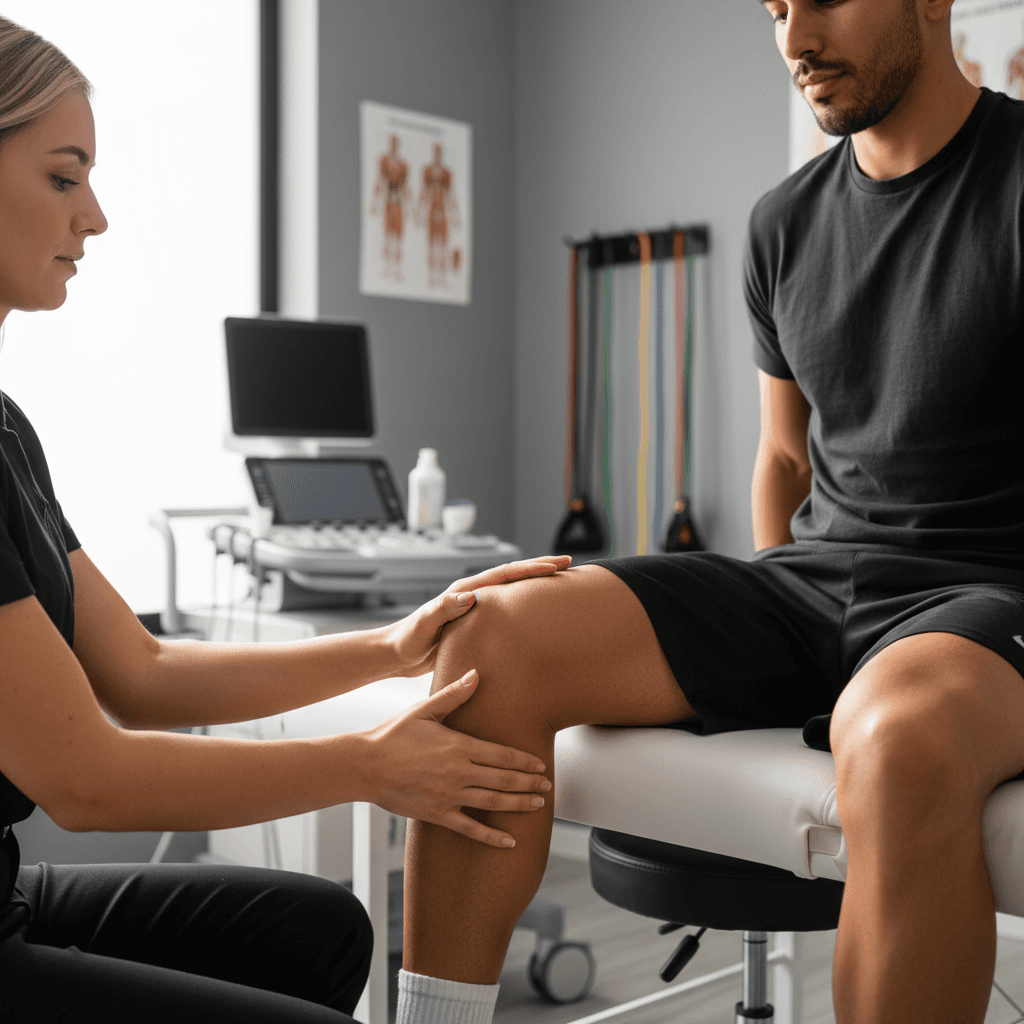 Physiotherapist performing structural assessment on player's knee