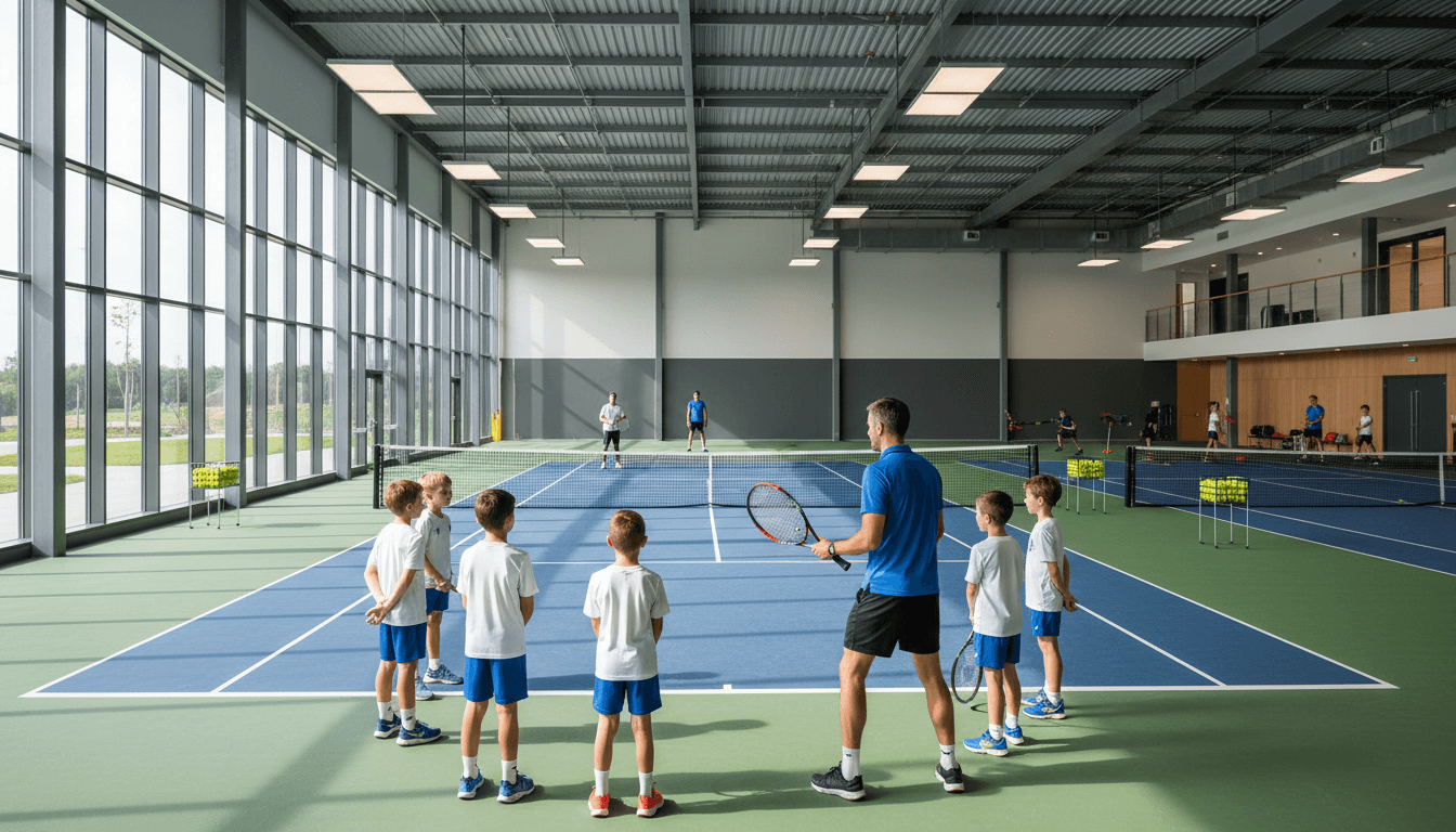 Treinador de tênis orientando jovem atleta