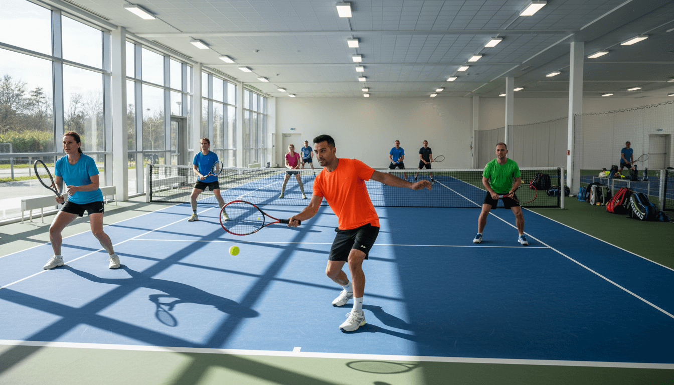 Jovens atletas em treino em grupo em quadra de tênis